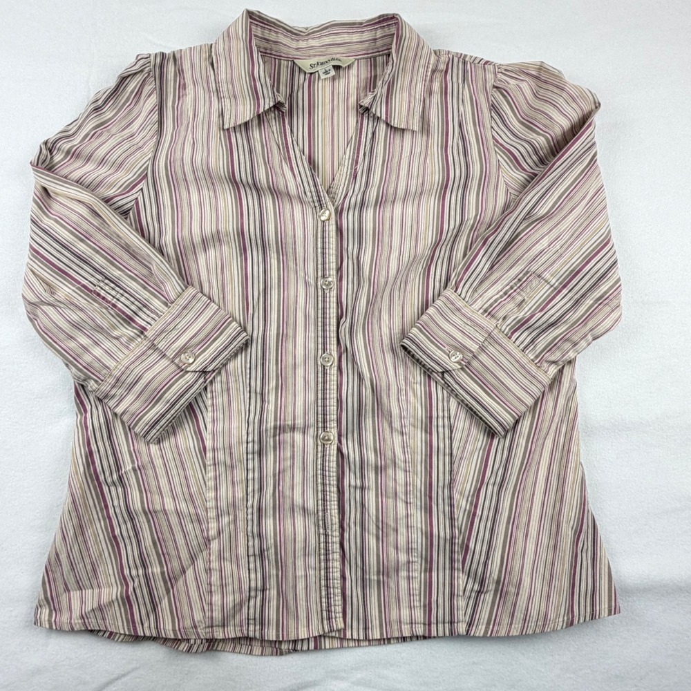 St Johns Bay Womens Large Striped Button Front 3/4 Sleeve Blouse Purple Tan